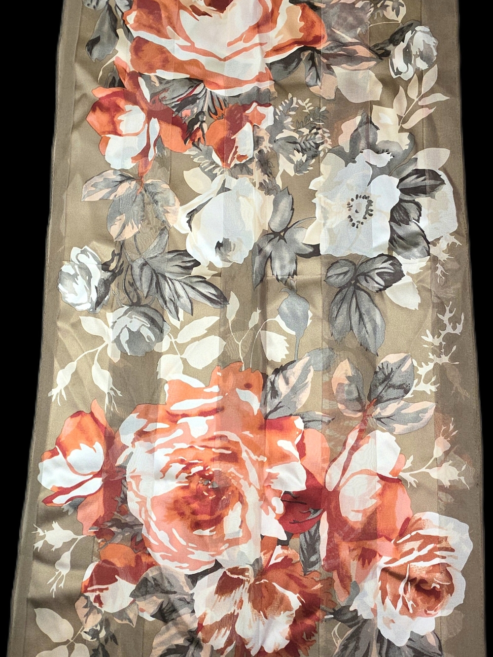 Ellen Tracy Vintage Floral Silk Blend Scarf – Tan, White & Orange Rose Print